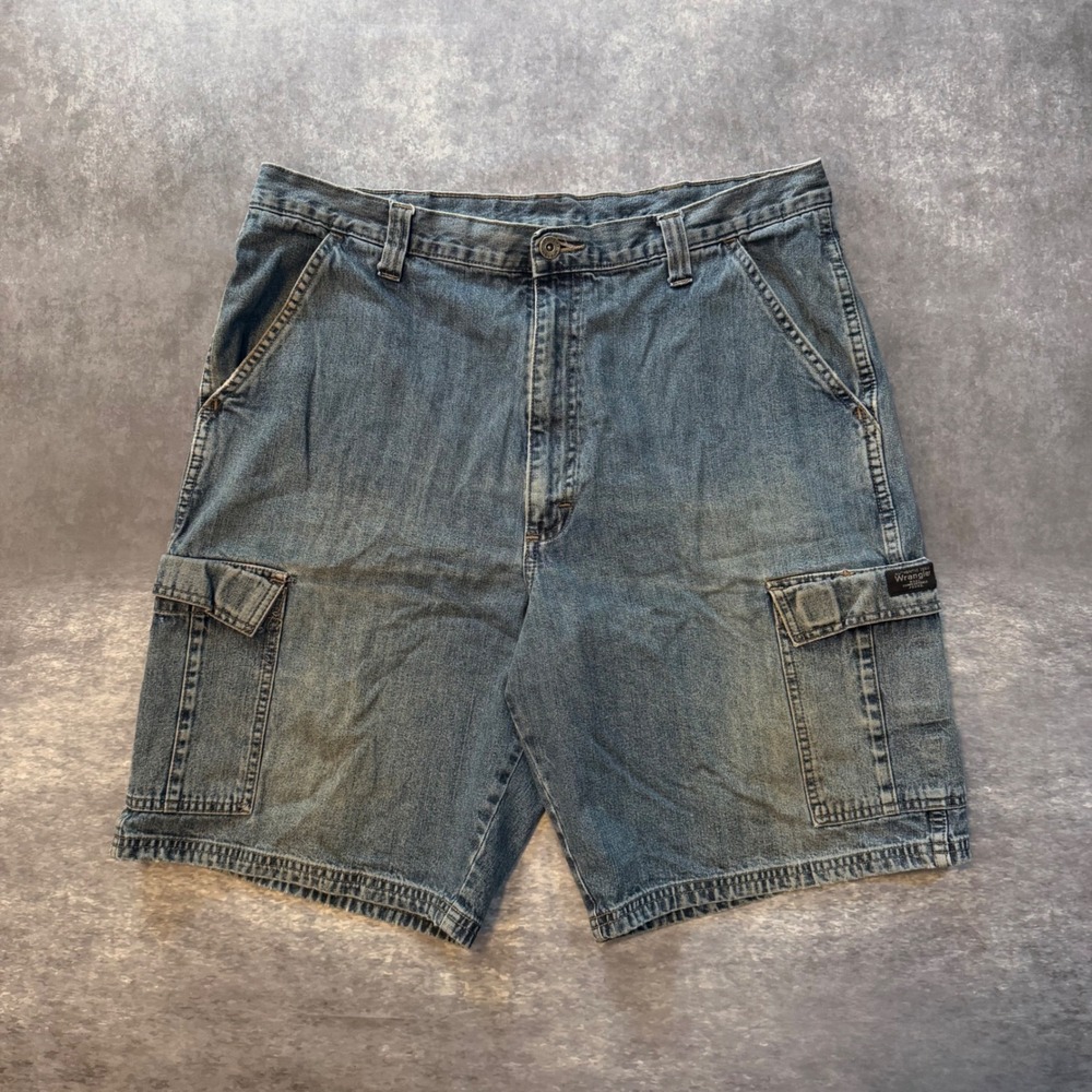 Wrangler Authentics Mens Denim Cargo Shorts 36 Medium Wash Blue Jorts Gorpcore